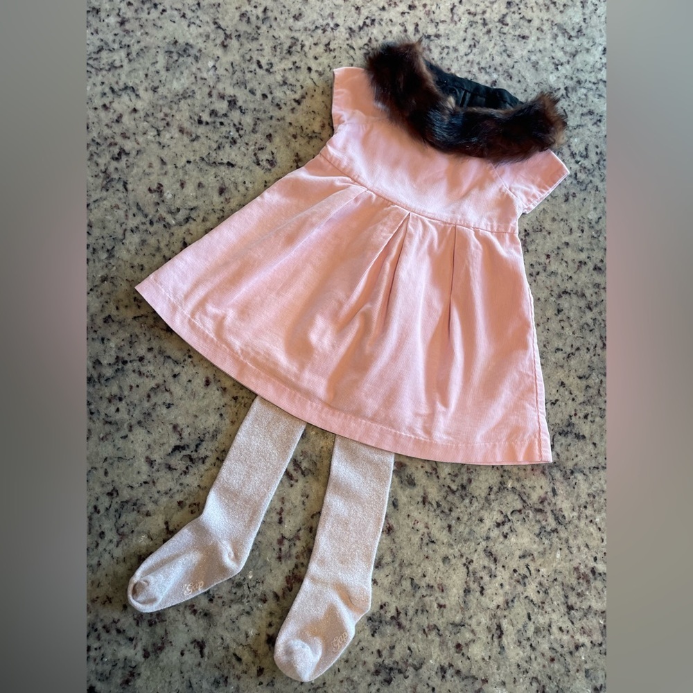 Baby gap Pink cotton Corduroy Dress with sparkle tights and genuine fur collar